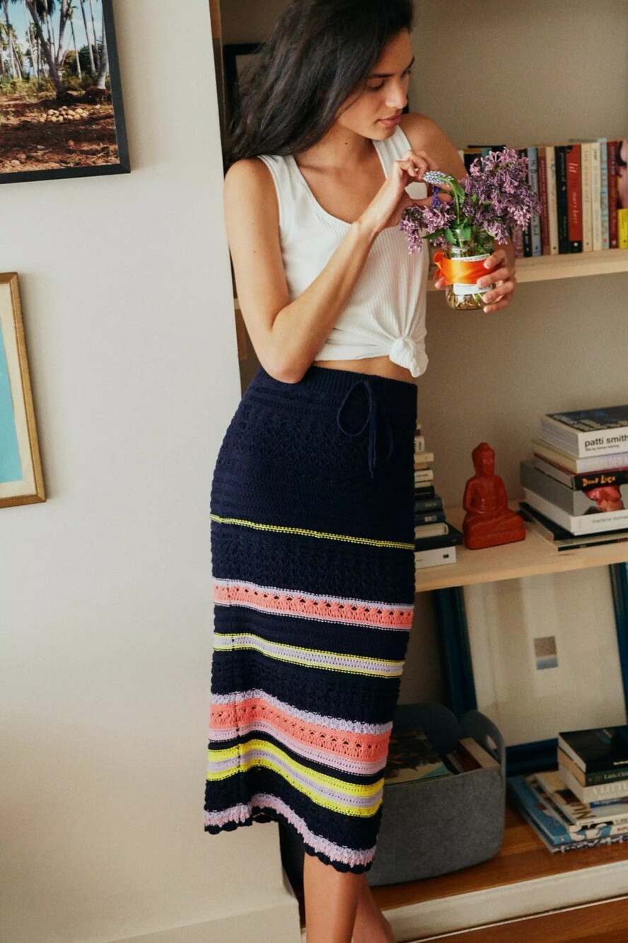 Anthropologie Maeve Antonella Crochet Cotton Blend Navy Midi Sweater Skirt Small